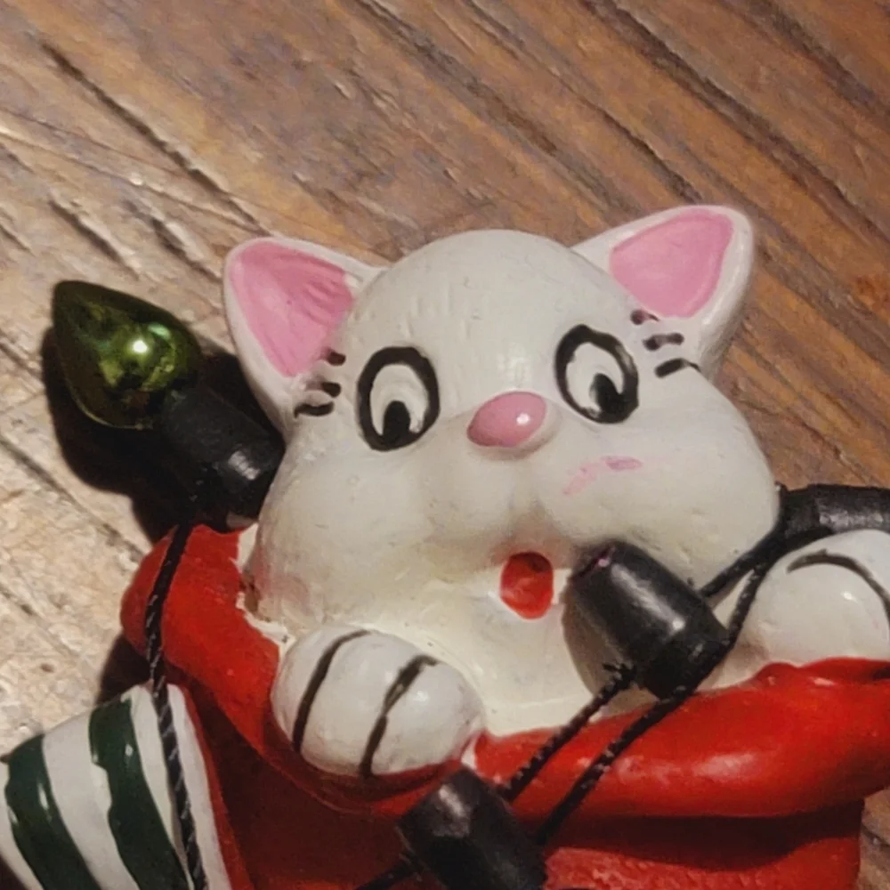 Christmas Kitten Brooch, White Cat in Red Stocking Pin, Cat with Christmas Bulbs